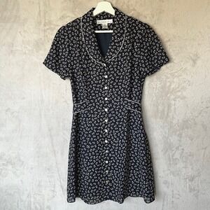 David Warren New York Floral Dress Pintuck Bodice & Lace 6P Dark Navy Romantic